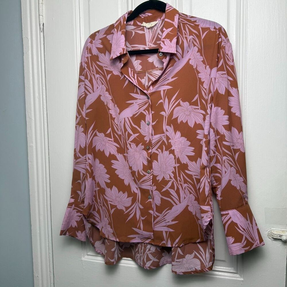 Entro Floral Button Down Blouse Womens Small Oversized Dressy Pink Brown